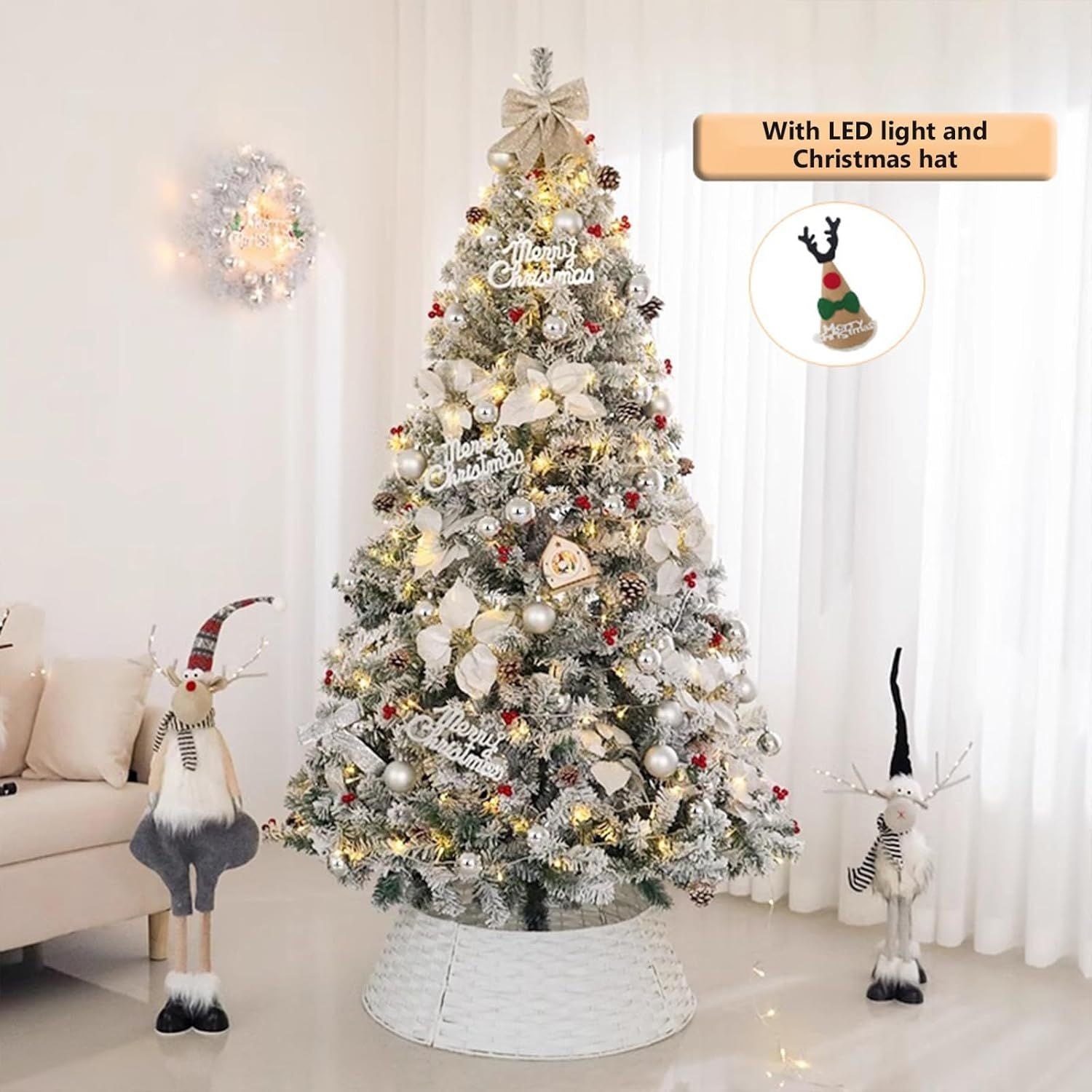 White snow Christmas tree 7ft indoor outdoor decorated with LED lights, ornaments, and Christmas hat