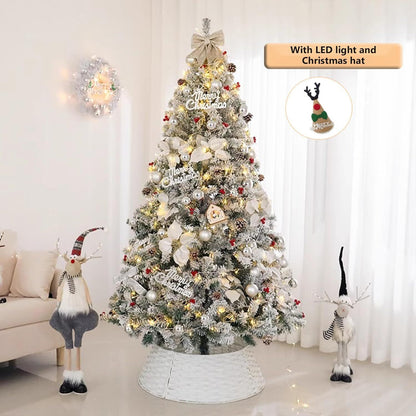 White snow Christmas tree 7ft indoor outdoor decorated with LED lights, ornaments, and Christmas hat