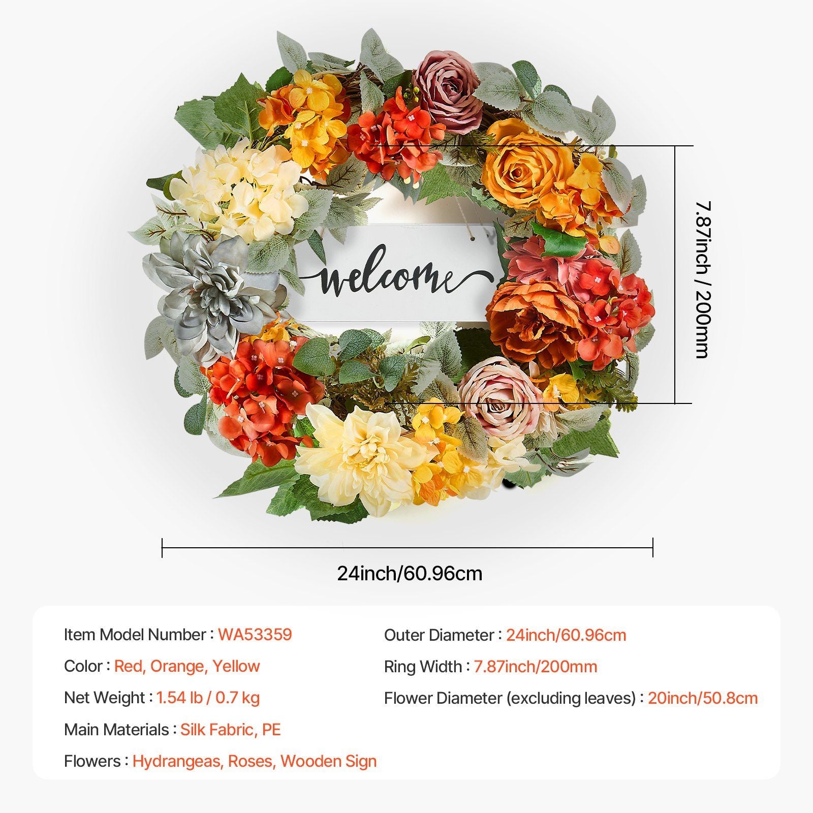 Artificial hydrangea rose wreath with red orange yellow flowers and welcome sign 24 inch diameter