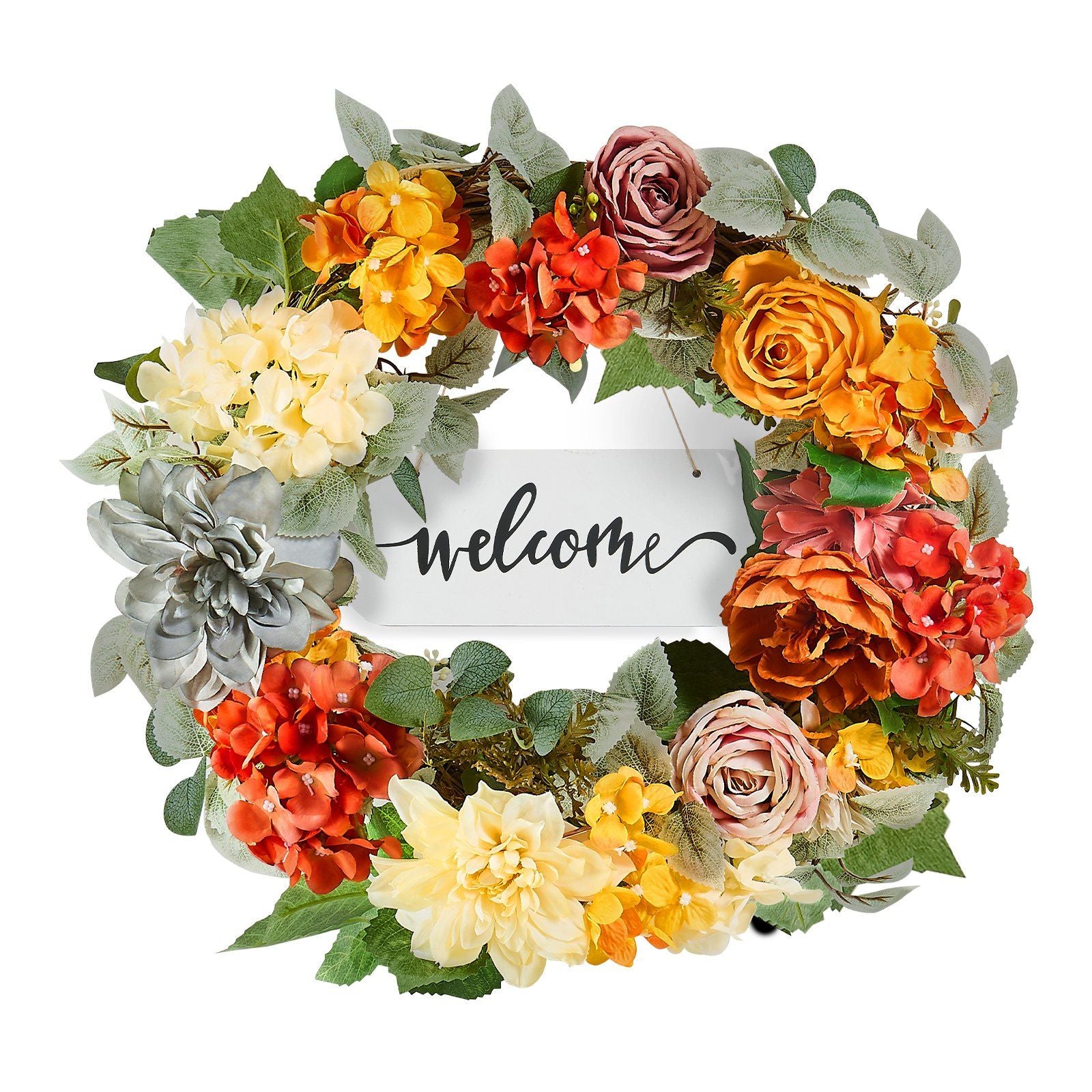 Colorful artificial hydrangea rose wreath with welcome sign and green leaves for home decor