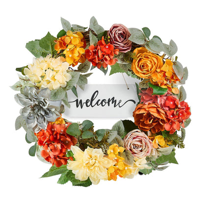 Artificial hydrangea rose wreath with colorful flowers and green leaves featuring a welcome sign